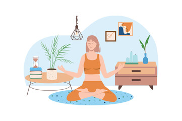 Obraz na płótnie Canvas Blue concept Interior with people scene in the flat cartoon design. Woman do yoga exercises to relax at home. Vector illustration.