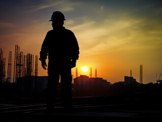 Fototapeta premium silhouette of construction worker at golden hour