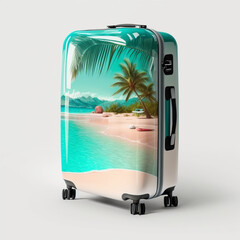 Suitcase with the image of a beach. Generative AI.