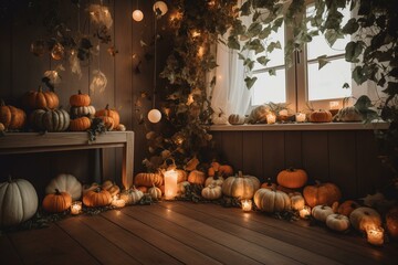 Festive pumpkins adorn a foliage-filled room for Halloween. A mix of orange and white pumpkins lay by the wall. Generative AI