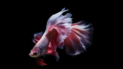 8k, realistic photo, high detailed, macro view, beautiful betta fish with pink white blue orange red gold green colours, underwater photography isolated on black background. Generative ai	
