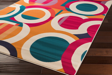 Gros plan sur un tapis multicolore design avec ronds sur parquet en bois &raquo; IA g&eacute;n&eacute;rative