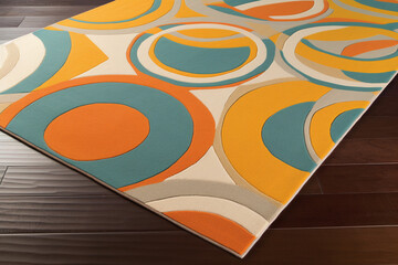 Un tapis multicolore design avec ronds sur parquet en bois &raquo; IA g&eacute;n&eacute;rative