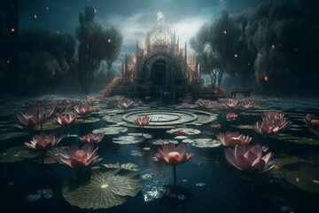 Sacred fractal lotus lake in stunning 3D. Generative AI