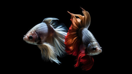 8k, realistic photo, high detailed, macro view, beautiful betta fish with pink white blue orange red gold green colours, underwater photography isolated on black background. Generative ai	
