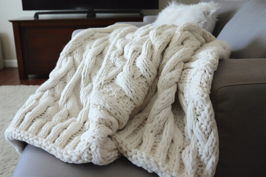 Couverture en laine sur un canapé gris dans un salon » IA générative