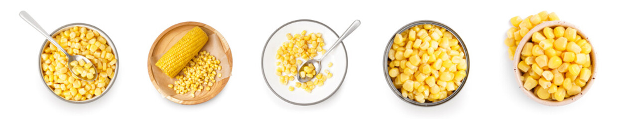 Set of canned corn on white background, top view