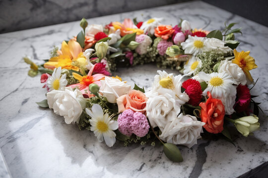 Gros plan sur une couronne de fleurs dans un cimetière » IA générative
