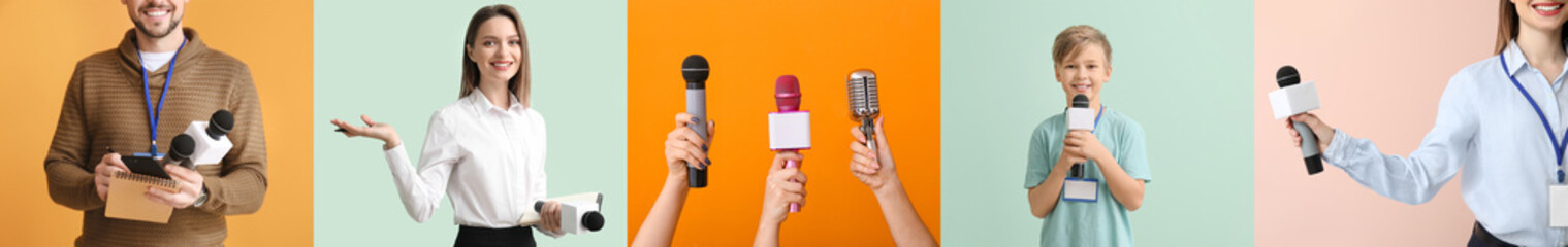 Collage with different journalists on color background