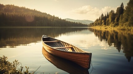 Boat on a lake at sunset. - obrazy, fototapety, plakaty
