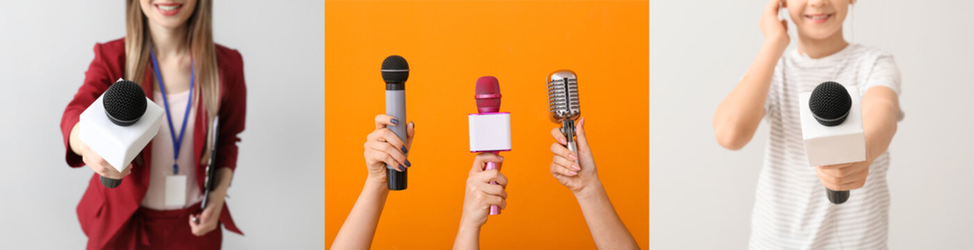 Collage with journalists on color background