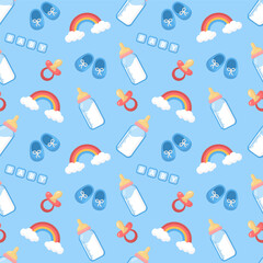 Vector seamless baby pattern, backdrop for wallpaper, print, textile, fabric, wrapping. Baby bottle, booties, rainbow on blue background. Baby shower, newborn concept.