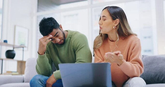 Young couple, stress of money and finance planning or budget discussion, tax documents and retirement savings investment. People, financial strategy and bills payment problem conversation on laptop