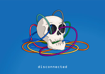 Disconnected. Human skull tangled in network wires. Social media concept. Vector illustration