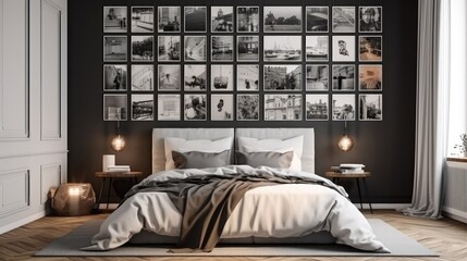 Stylish bedroom with a photo gallery wall and a comfortable bed. Generative AI
