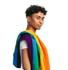 Queer man with an lgbtqi rainbow flag isolated on a transparent background