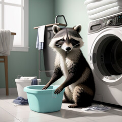 Raccoon washerwoman in laundry room. Generative AI