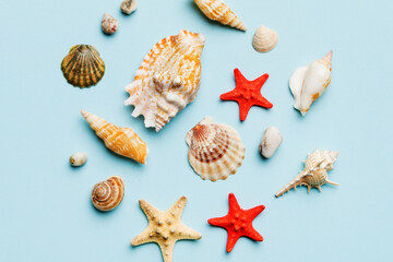 Summer time concept Flat lay composition with beautiful starfish and sea shells on colored table, top view