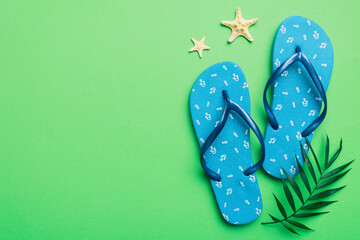 Flat lay composition with flip flops and seashell on colored background. Space for text top view