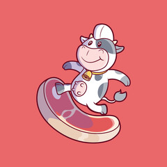 Cow character surfing on a beef vector illustration. Food, funny, brand design concept.