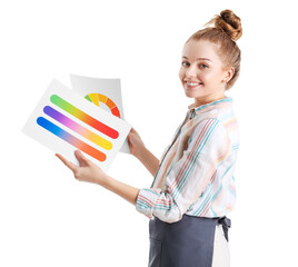 Female artist with paint color palettes on white background