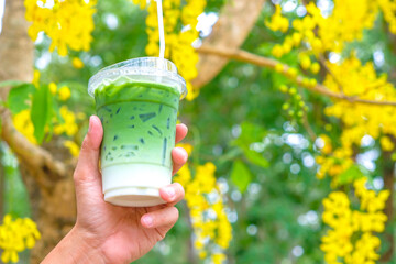 Woman hand holding the glass iced matcha latte green tea coffee on spring nature background