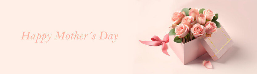 mother's day postcard with gift box with bow and roses on pink background, generative ai illustration