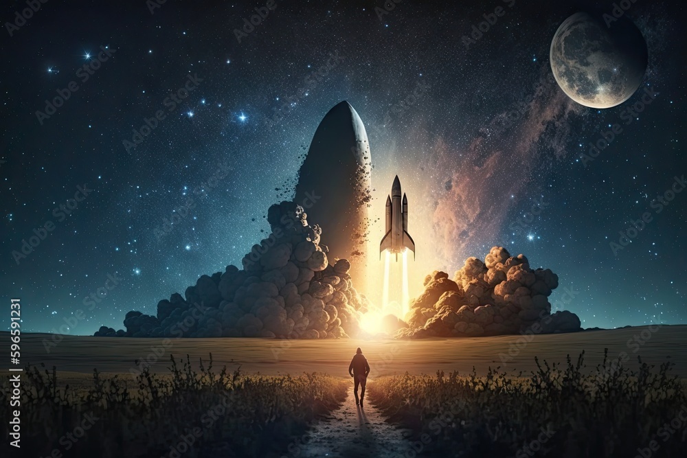 Poster rocket start, with view of distant starry night sky, created with generative ai