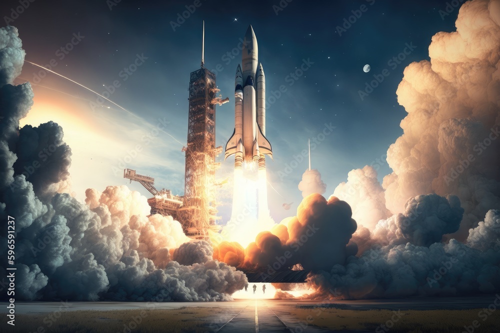 Wall mural rocket start, with view of space station in the background, created with generative ai