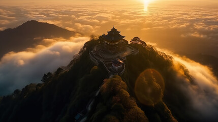 Aerial photography of the sunrise at the top of Mount Emei in Sichuan - Generative AI