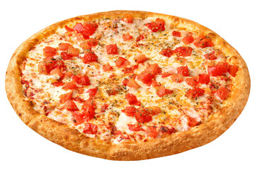 Pizza margarita, mozzarella cheese and tomato, isolated on white background, full depth of field