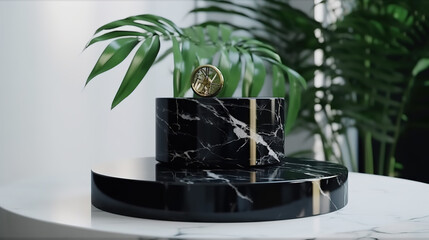 A sleek, contemporary black marble pedestal table podium with a circular design, perfect for displaying luxury beauty, organic, cosmetic, and jewelry fashion products - Generative AI