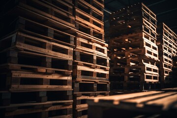 An interesting view of stacked wooden pallets. Generative AI