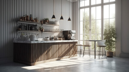 A chic and sophisticated cafe with a modern and luxurious design, featuring a corrugated counter adorned with an espresso machine - Generative AI