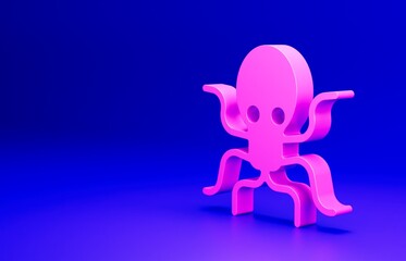 Pink Octopus icon isolated on blue background. Minimalism concept. 3D render illustration