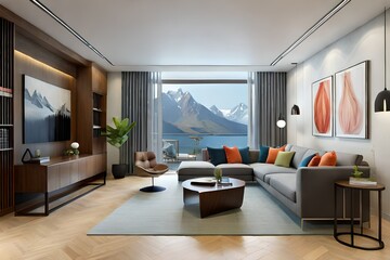 Obraz premium Interior design of a living room that seamlessly blends modern and traditional elements, providing a unique and eclectic atmosphere.