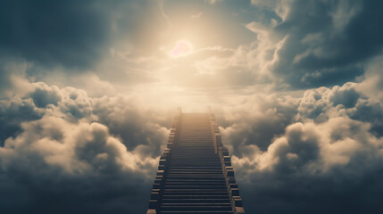 Fototapeta na wymiar Stairway to heaven, Stairway through the clouds to the heavenly light - Generative AI
