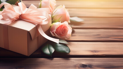 gift box and bouquet of roses on wood, generative ai