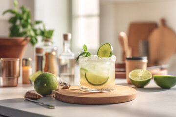 Refreshing classic Margarita cocktail with lime and mint on white table in white kitchen. Closeup photo with space for text