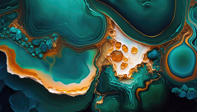 Luxurious Marbling Background. Paint Swirls in Beautiful Teal and Orange colors, with Gold Powder. Generative AI.