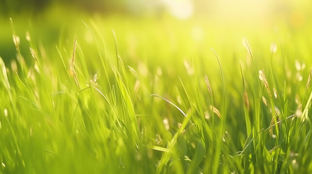 Spring-summer background with a frame of grass on nature - Generative AI