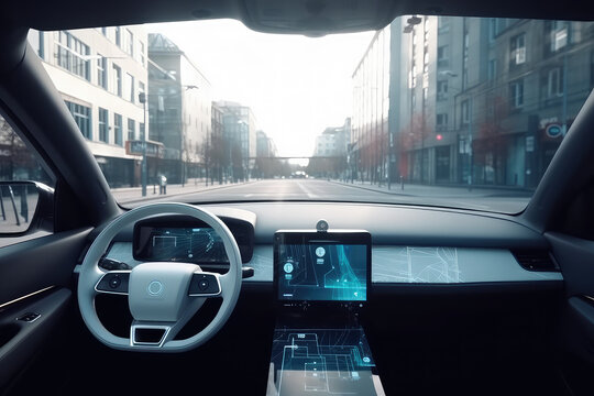 Driving autonomous car in the city with view from the inside. Generative AI