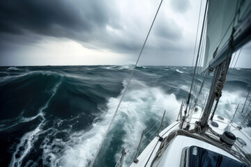 Fototapeta premium Sailing a sailboat or yacht on ocean during extreme storm with big waves, POV. Generative AI
