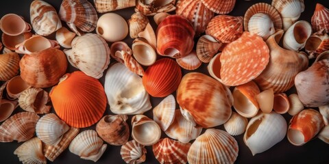 Top down close up view of background knolling with orange seashells and corals