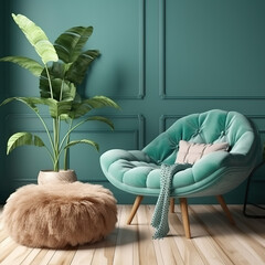 Turquoise blue retro mid-century cushion armchair, fur rug, tropical banana tree, stool, coffee table in sunlight on pastel green wall - Generative AI