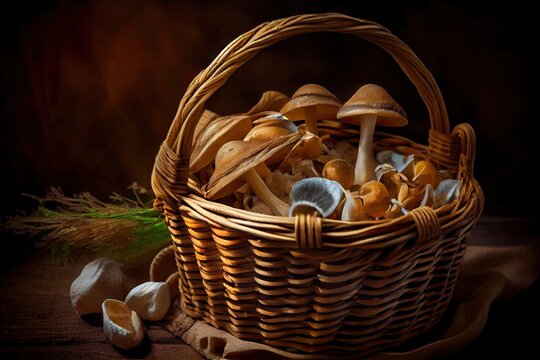 basket of freshly picked magic mushrooms, ready for cooking or eating, created with generative ai