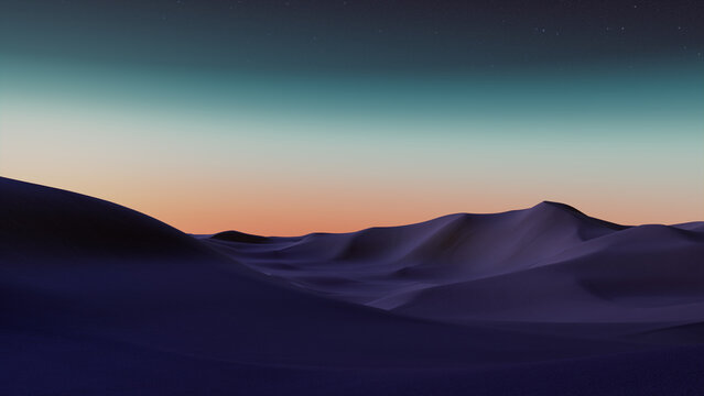 Desert Landscape with Sand Dunes and Orange Gradient Sky. Surreal Contemporary Background.