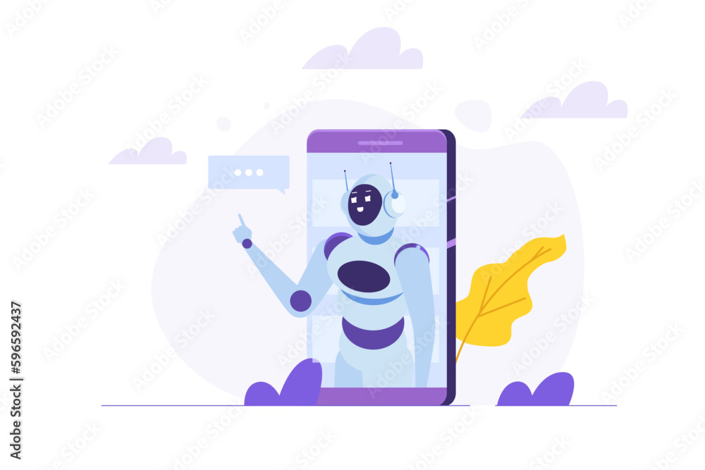 Poster chatbot concept. man talking to robot. customer support service android, artificial intelligence dia