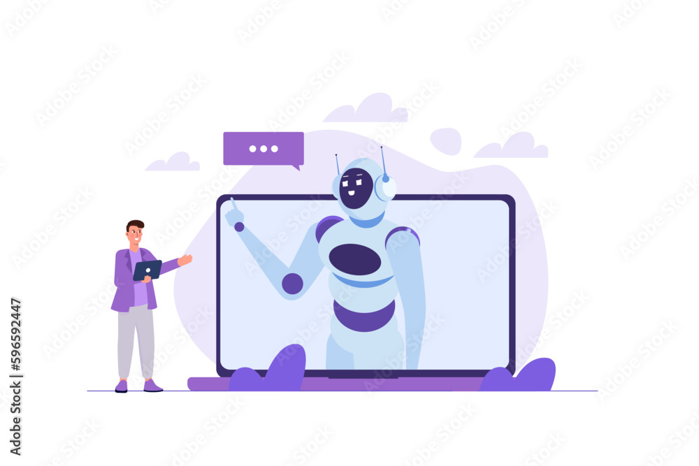 Poster chatbot concept. man talking to robot. customer support service android, artificial intelligence dia