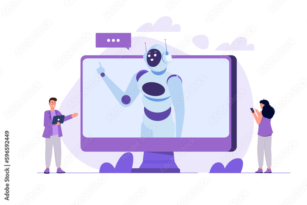 Poster chatbot concept. man talking to robot. customer support service android, artificial intelligence dia